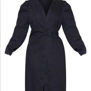 Plus Black Denim Puff Sleeve Midi Dress